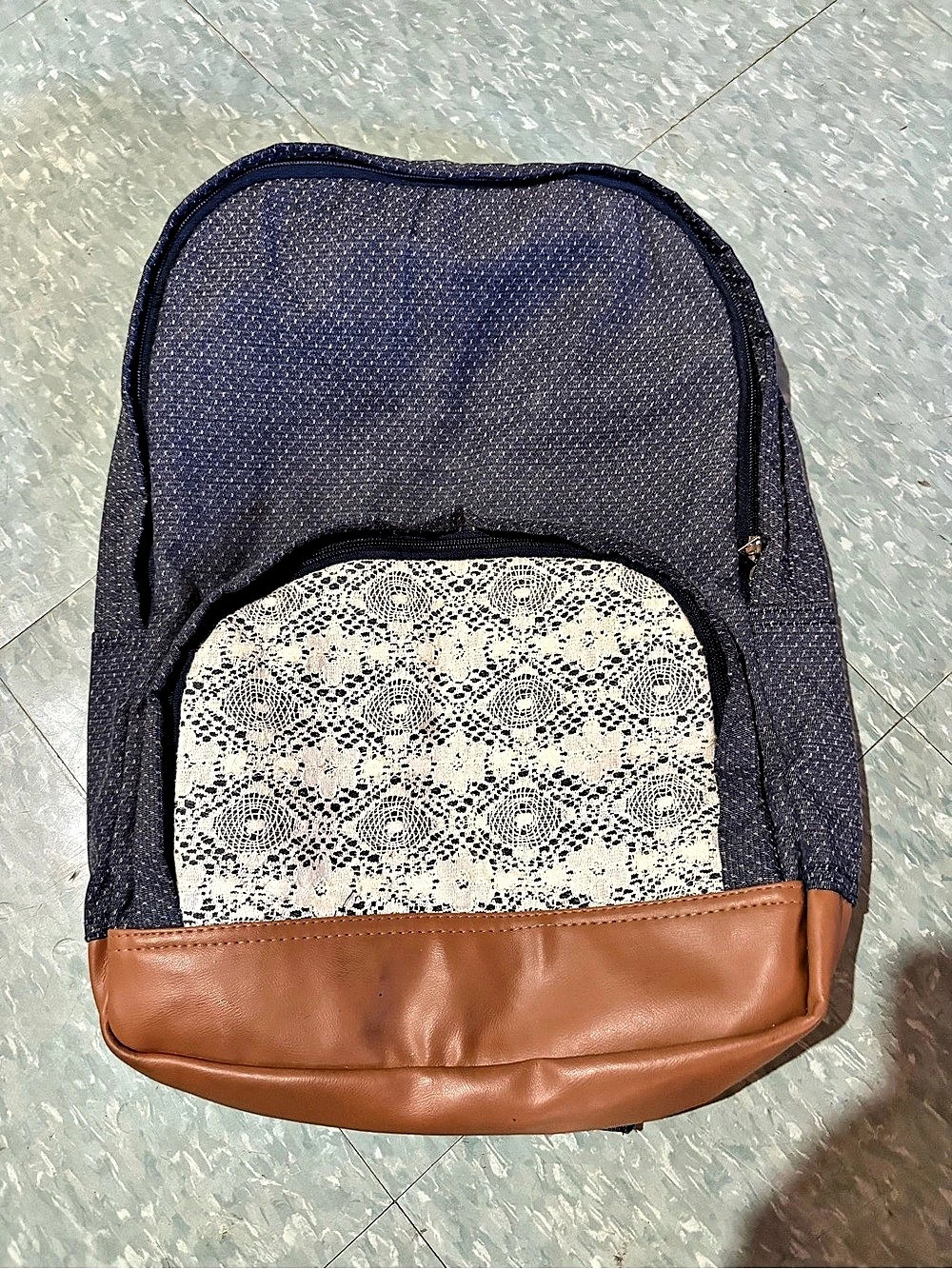 APHORISM Anthropologie Backpack Blue & Brown with Crochet Lace Front Pocket